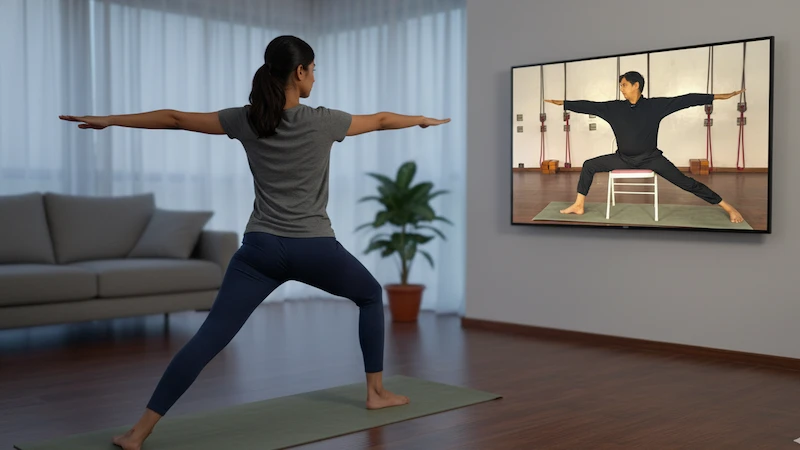 A person practicing yoga at home during an online yoga teacher training course