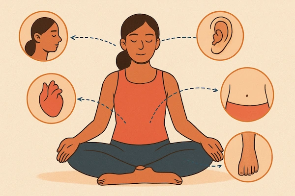 An illustration showing focus moving through different parts of the body during a body scan.