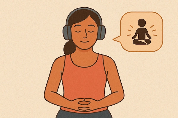 Someone listening to a guided meditation with headphones.