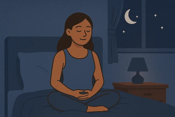A serene person meditating peacefully before bedtime.