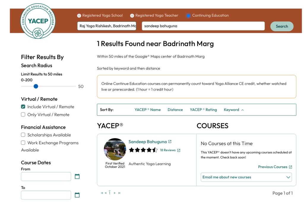 Yoga Alliance YACEP directory search showing Sandeep Bahuguna and Raj Yoga Rishikesh