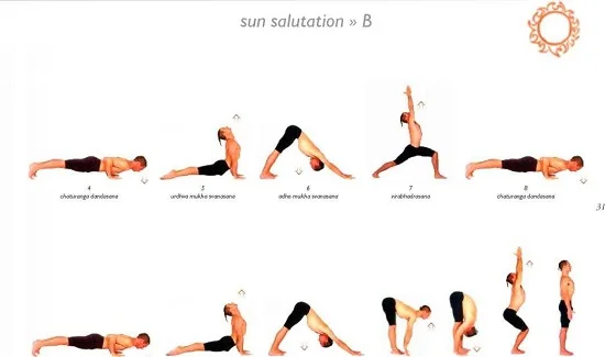 A depiction of the dynamic flow of Ashtanga Sun Salutation B.