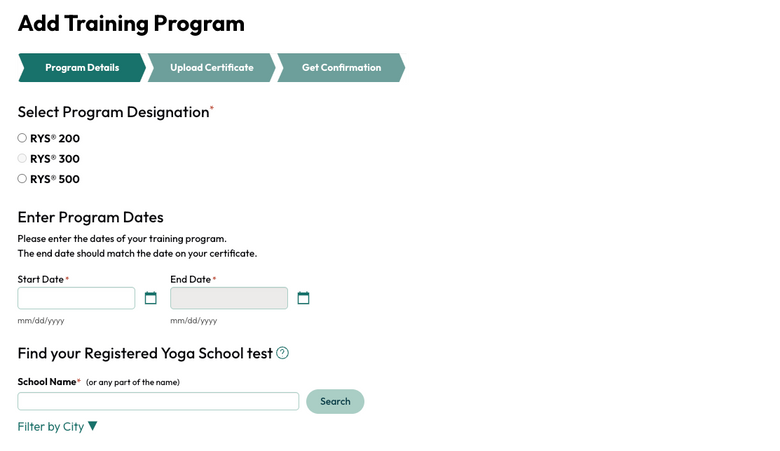Yoga Alliance Add Training Program screen showing program designation options, start and end date fields, and the Registered Yoga School search bar.