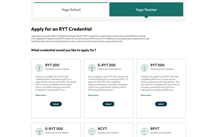 Yoga Alliance Teacher Dashboard screen showing the Apply for an RYT Credential options, including RYT 200, E-RYT 200, and RYT 500.