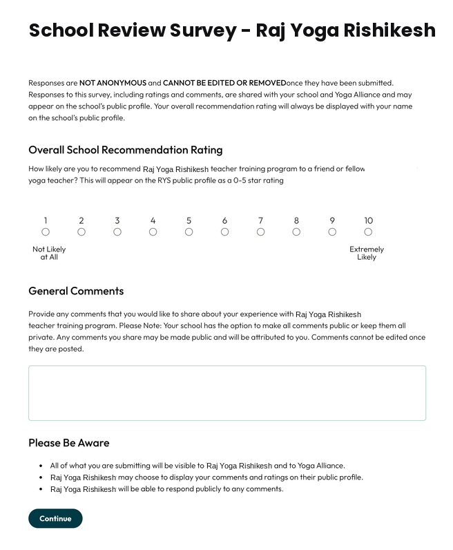 Yoga Alliance School Review Survey screen with an overall recommendation rating scale and a general comments box.